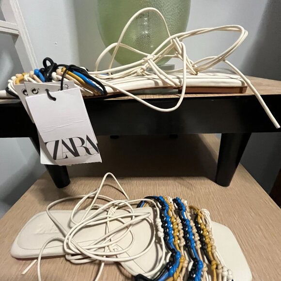 BNWT ZARA Zara Crochet Square Toe Lace-Up Sandals Flat in blue / yellow (8) EU39 - Picture 4 of 5